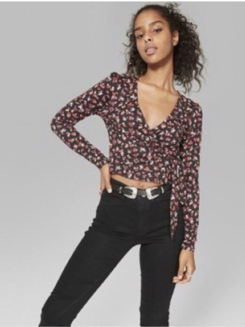 Bershka Black & Red Floral Cropped True Wrap Long Sleeve Top